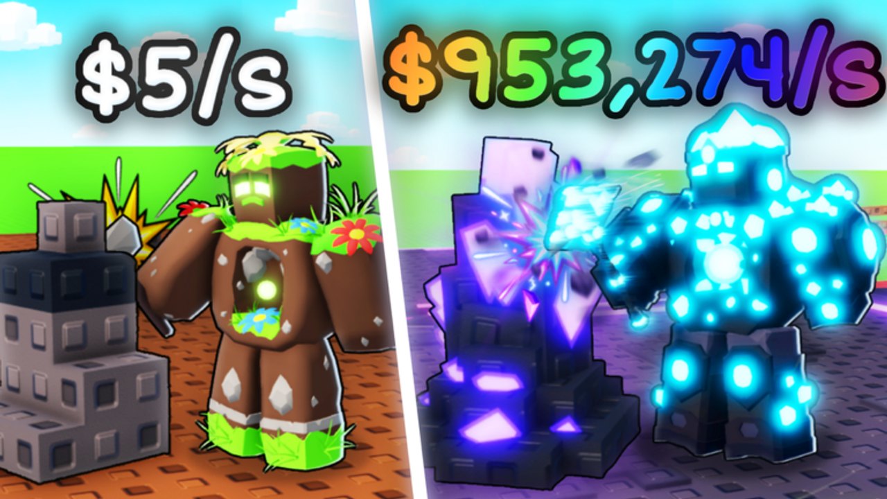Starter dirt golem versus a glowing crystal golem with cash-per-second labels in Build A Golem