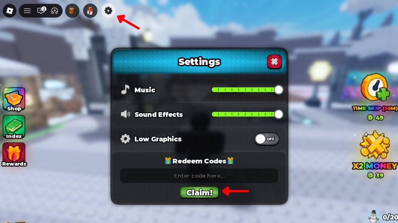 In-game Settings menu in Build A Golem showing the Redeem Codes box, Claim button, Shop, and Time Skip items